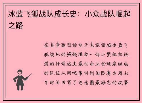 冰蓝飞狐战队成长史：小众战队崛起之路