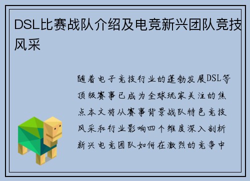 DSL比赛战队介绍及电竞新兴团队竞技风采