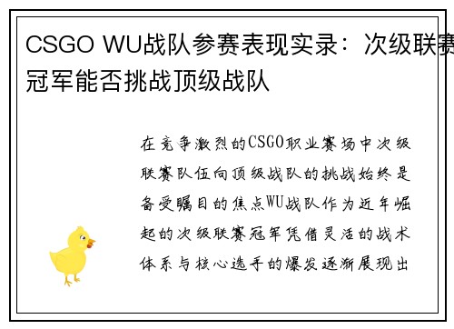 CSGO WU战队参赛表现实录：次级联赛冠军能否挑战顶级战队
